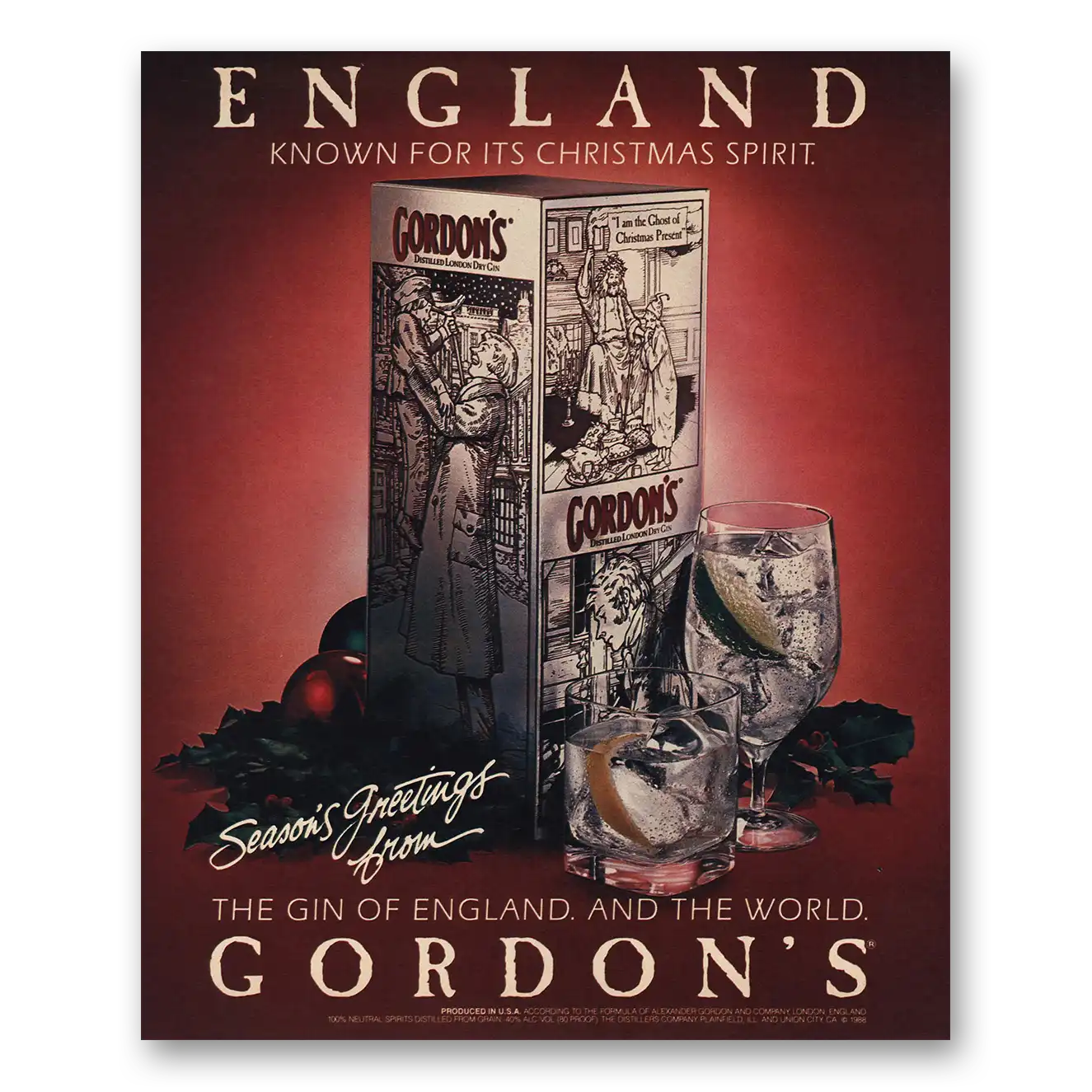 1988 Gordons Gin Known for Christmas Spirit Vintage Magazine Print Ad