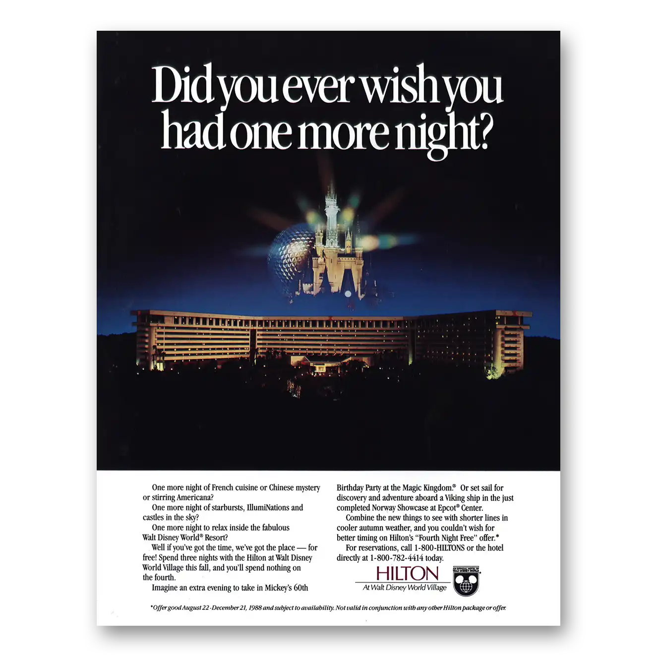 1988 Hilton Hotel Walt Disney World Village One More Night Vintage Magazine Print Ad