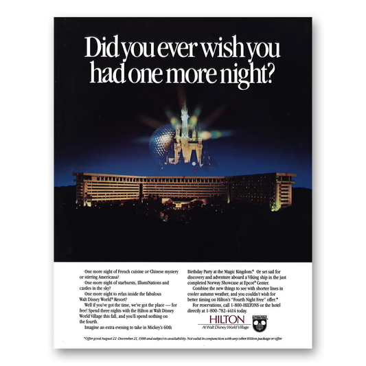 1988 Hilton Hotel Walt Disney World Village One More Night Vintage Magazine Print Ad