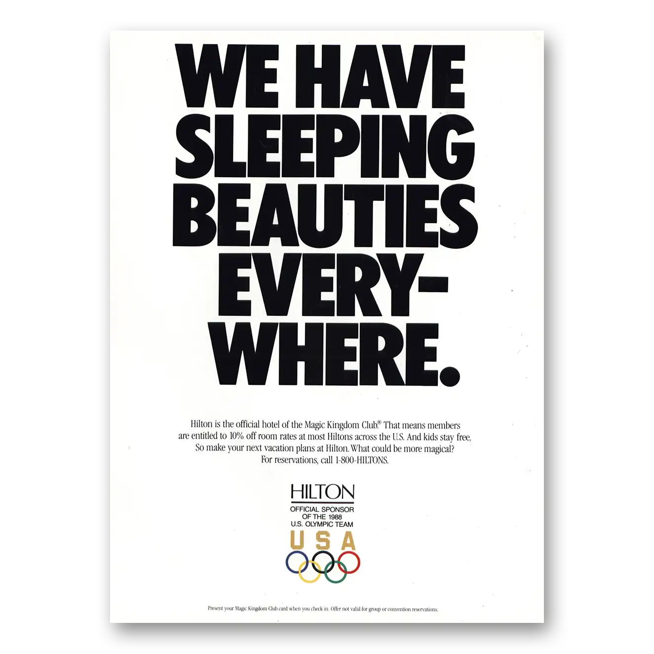 1988 Hilton Hotels Sleeping Beauties Everywhere Vintage Magazine Print Ad