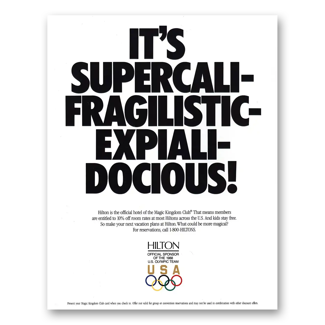 1988 Hilton Hotels Supercali Fragilistic Expiali Docious Vintage Magazine Print Ad