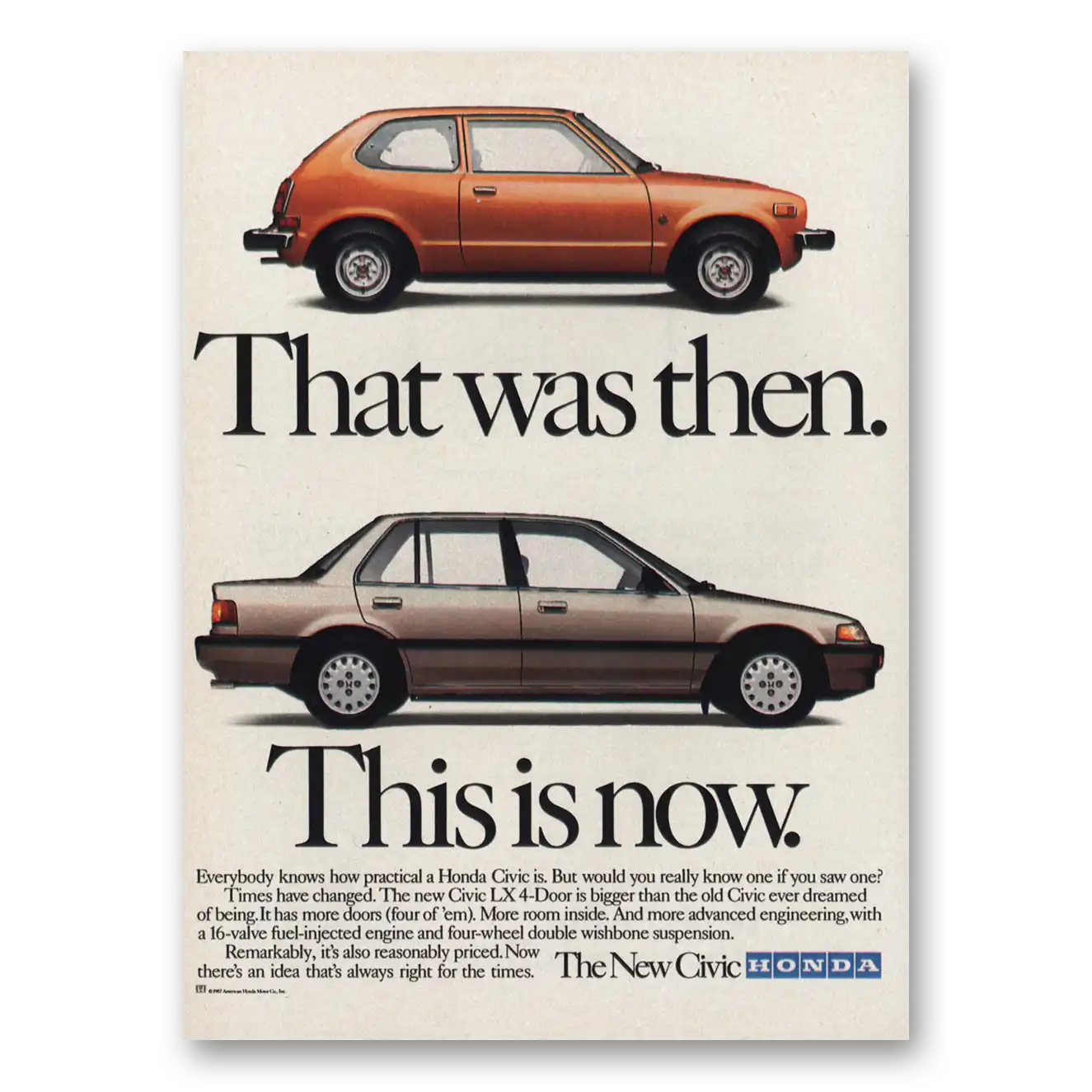 1988 Honda Civic That Was Then This Is Now Vintage Magazine Print Ad