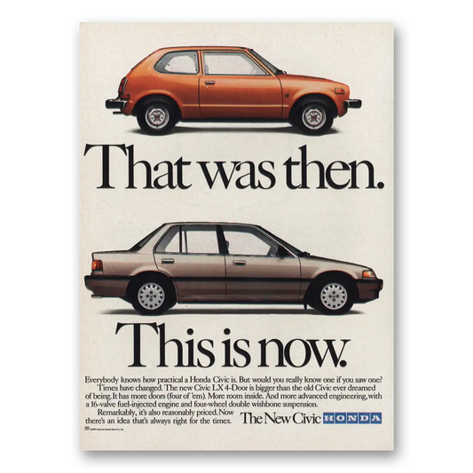 1988 Honda Civic That Was Then This Is Now Vintage Magazine Print Ad