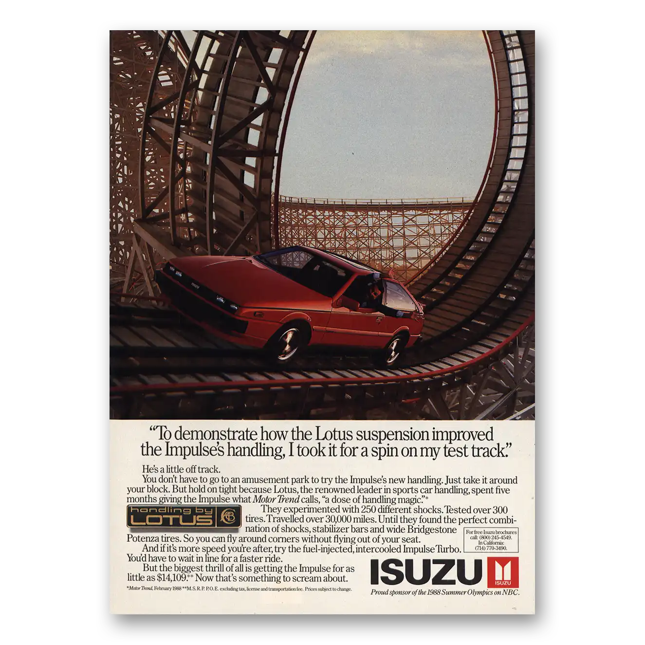 1988 Isuzu Lotus Spin On Test Track Roller Coaster Vintage Magazine Print Ad