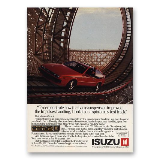 1988 Isuzu Lotus Spin On Test Track Roller Coaster Vintage Magazine Print Ad