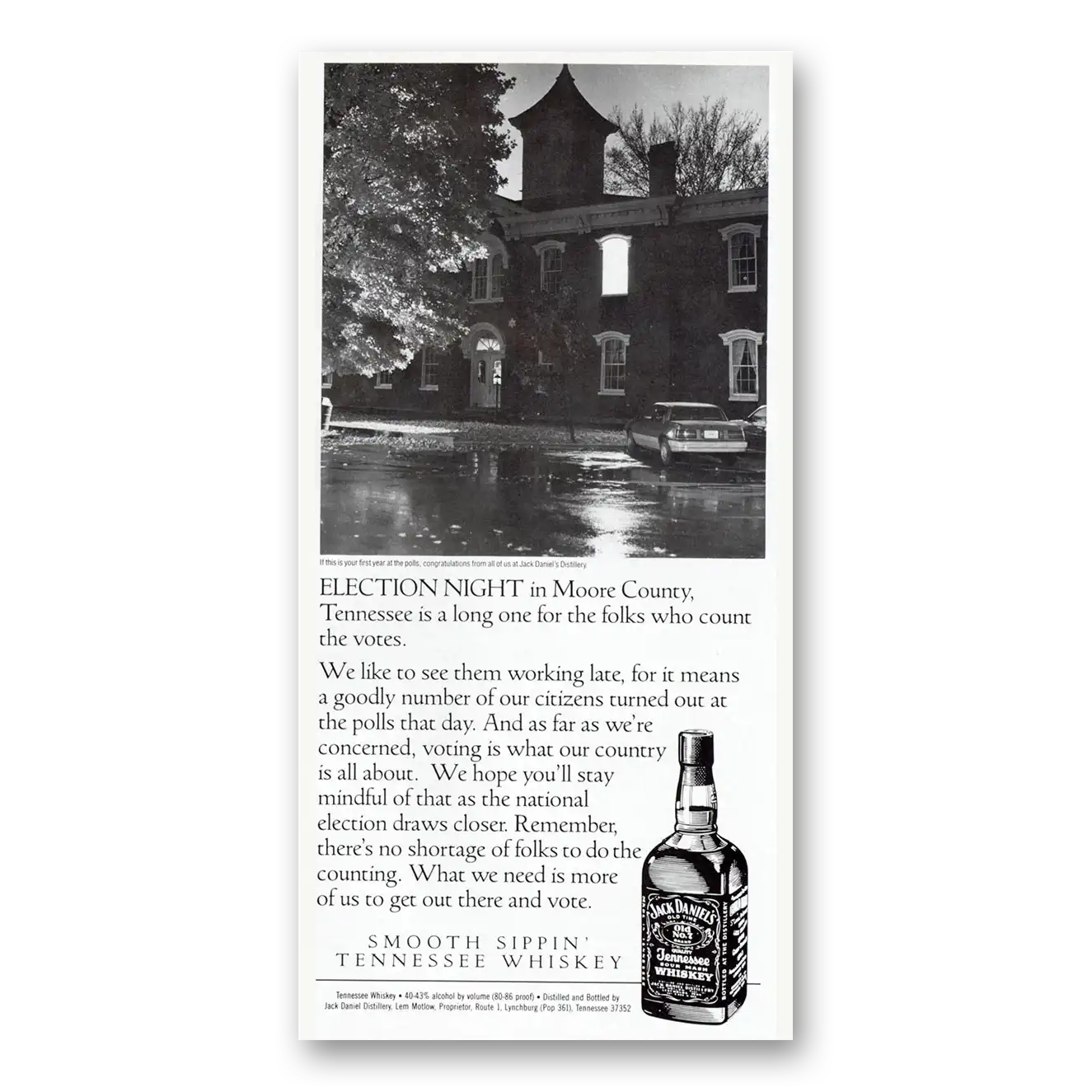 1988 Jack Daniels Election Night In Monroe County Vintage Magazine Print Ad