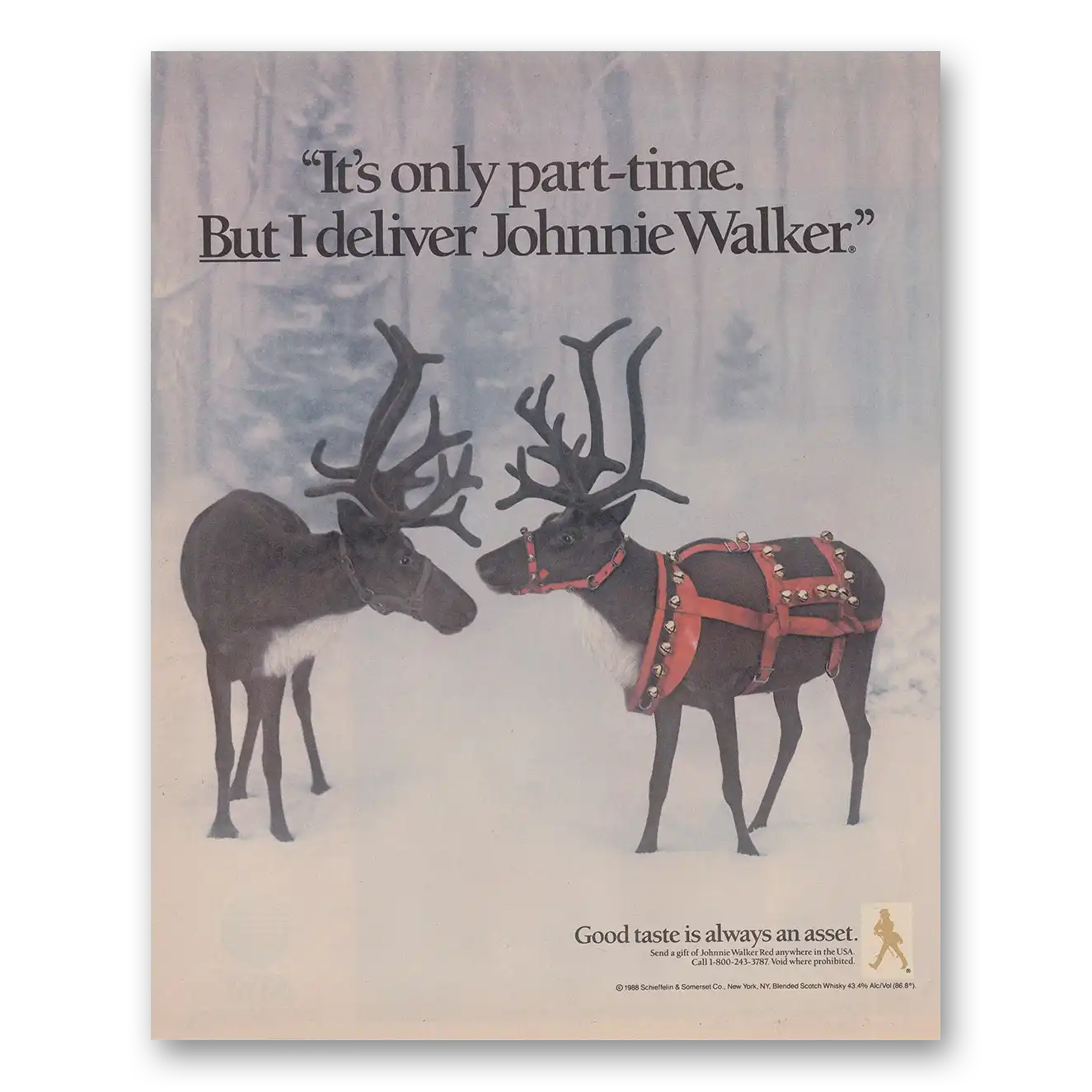 1988 Johnnie Walker Red Label Only Part Time But I Deliver Reindeer Vintage Magazine Print Ad