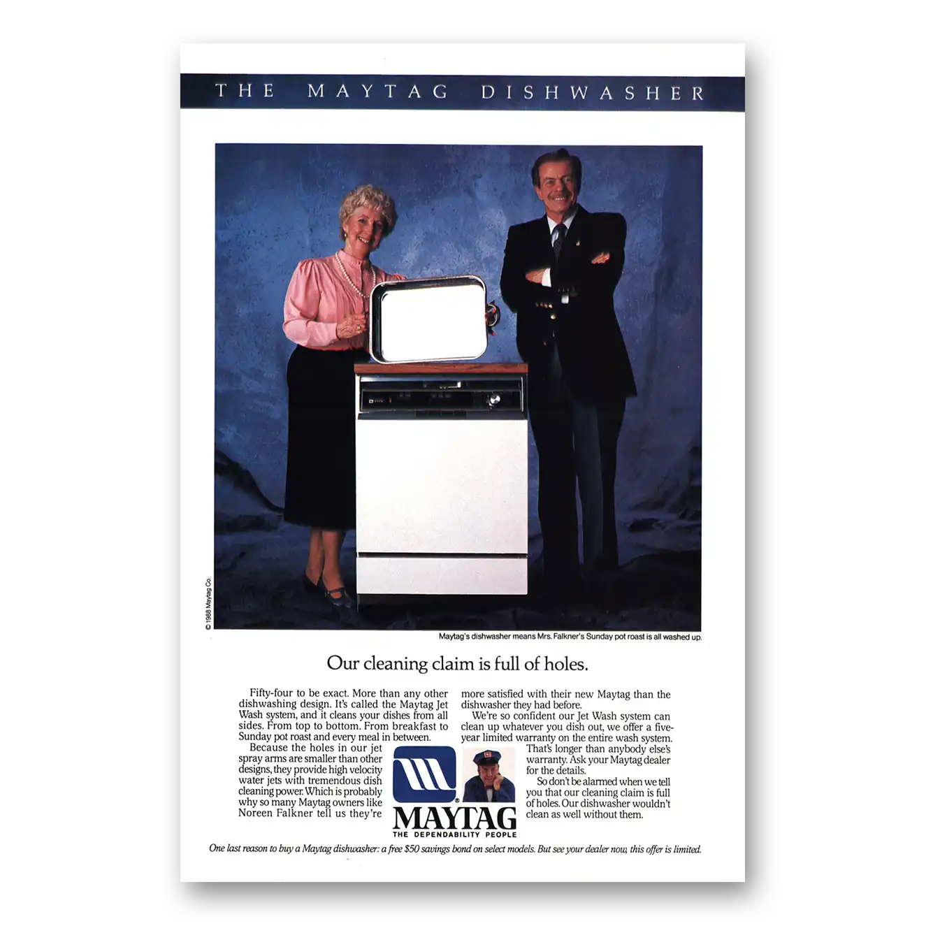 1988 Maytag Dishwasher Cleaning Claim Full of Holes Vintage Magazine Print Ad