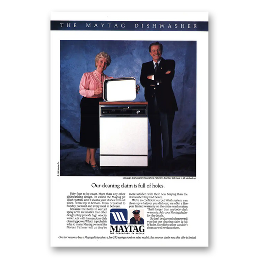 1988 Maytag Dishwasher Cleaning Claim Full of Holes Vintage Magazine Print Ad