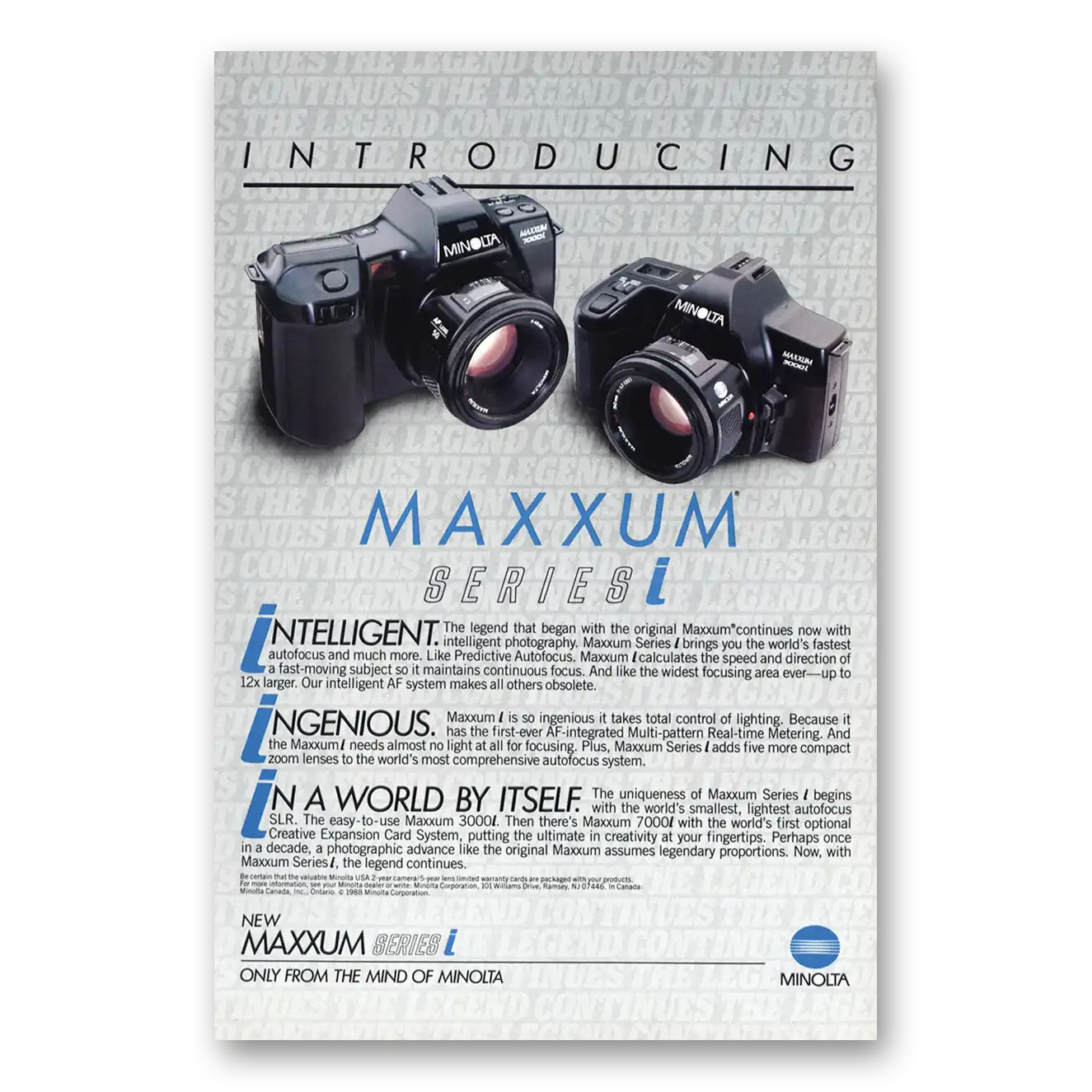 1988 Minolta Maxxum Series L Vintage Magazine Print Ad