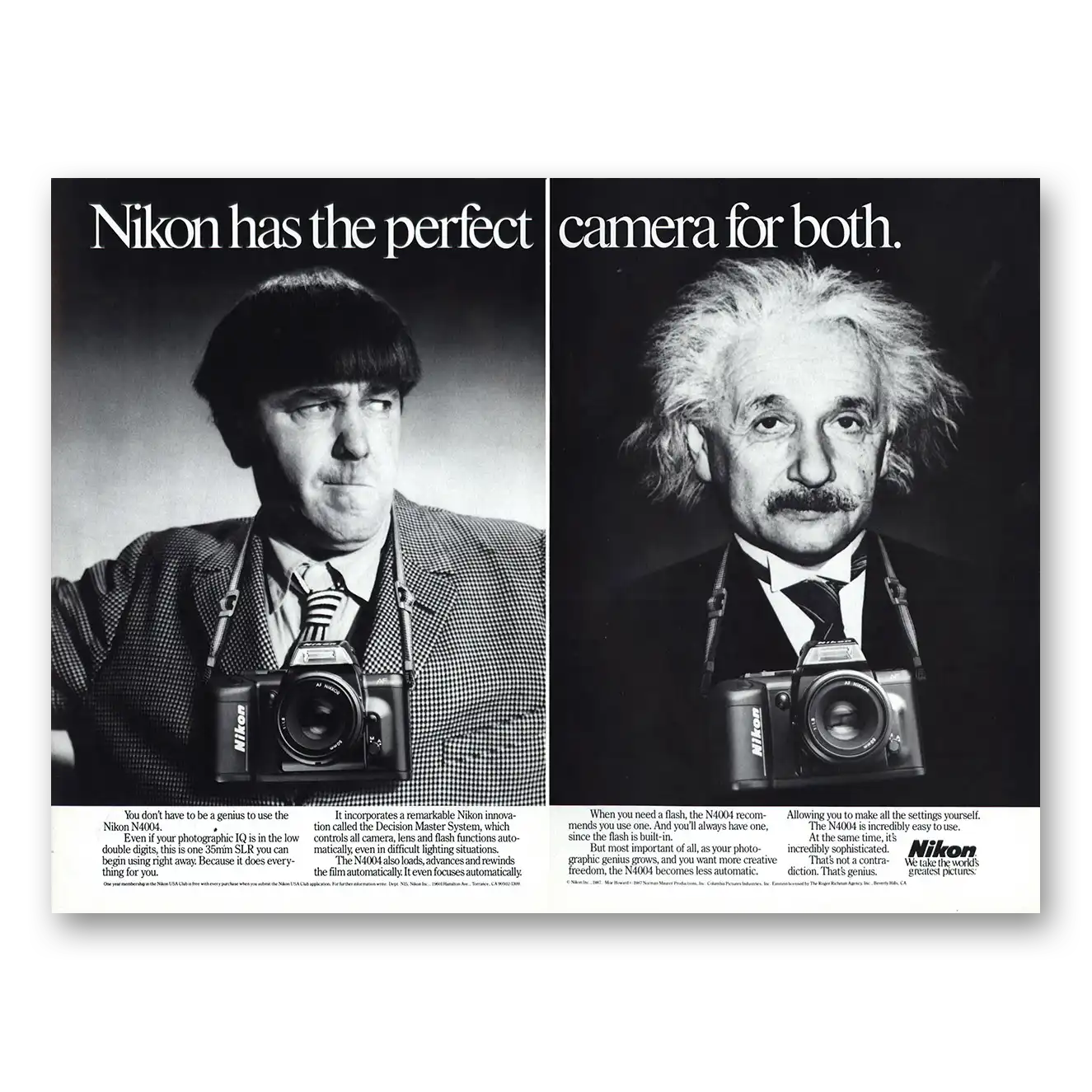 1988 Nikon Camera Perfect Camera for Both Moe Einstein Vintage Magazine Print Ad