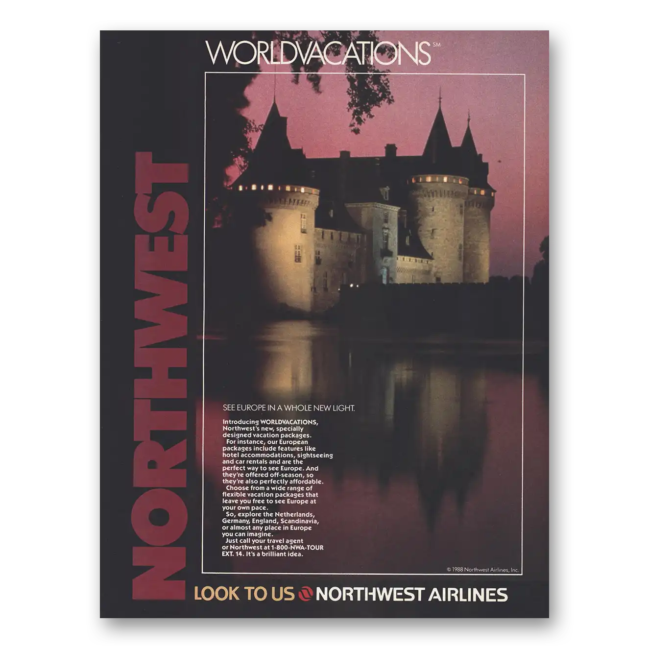 1988 Northwest Airlines See Europe in a Whole New Light Vintage Magazine Print Ad