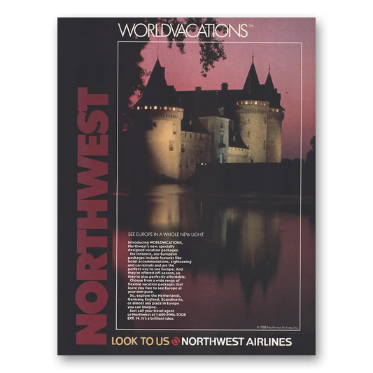 1988 Northwest Airlines See Europe in a Whole New Light Vintage Magazine Print Ad