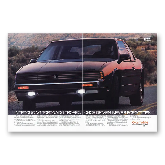 1987 Oldsmobile Toronado Troffeo Once Driven Never Forgotten Vintage Magazine Print Ad