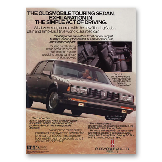 1987 Oldsmobile Touring Sedan Exhilaration In the Simple Act Vintage Magazine Print Ad