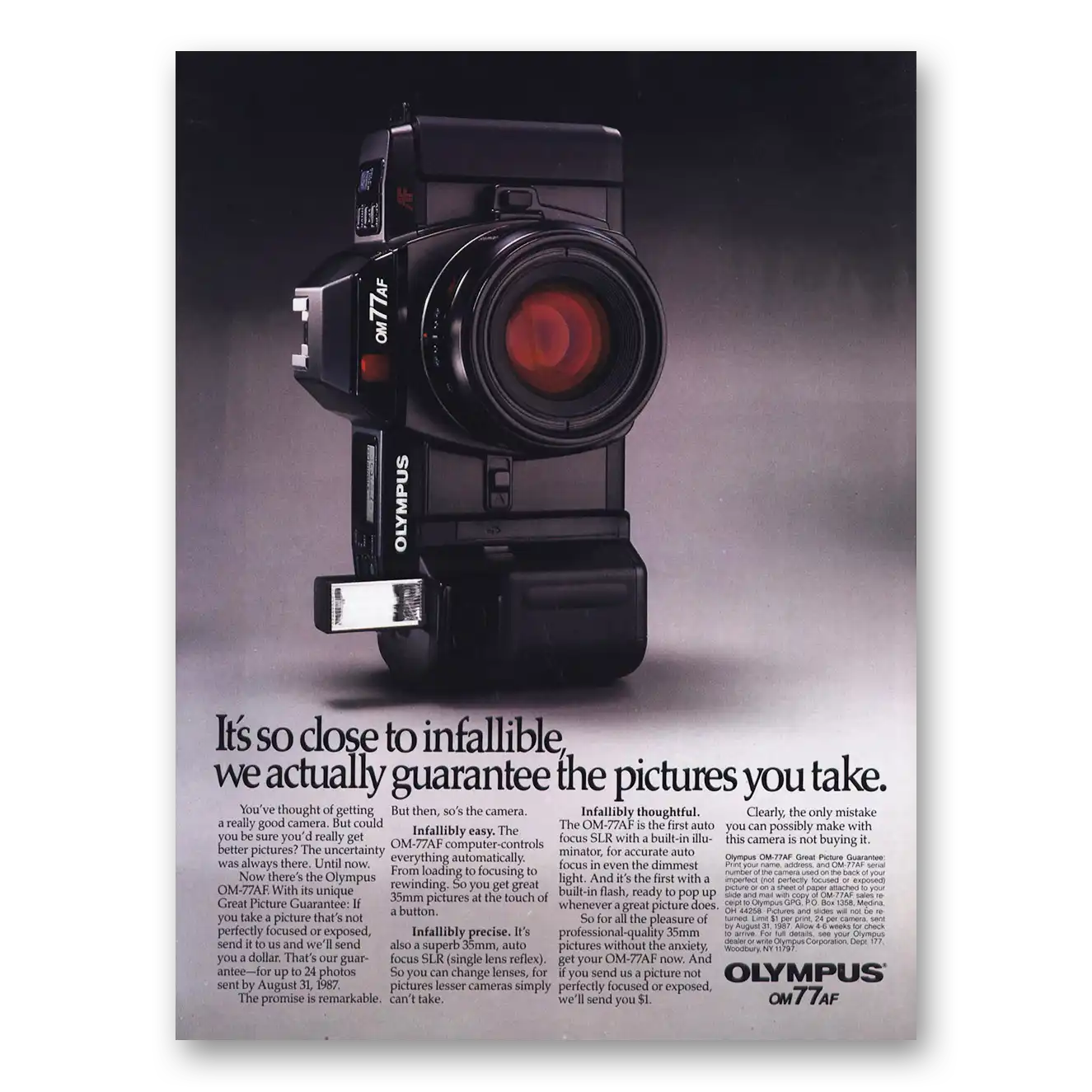 1988 Olympus Camera So Close to Infallible Vintage Magazine Print Ad