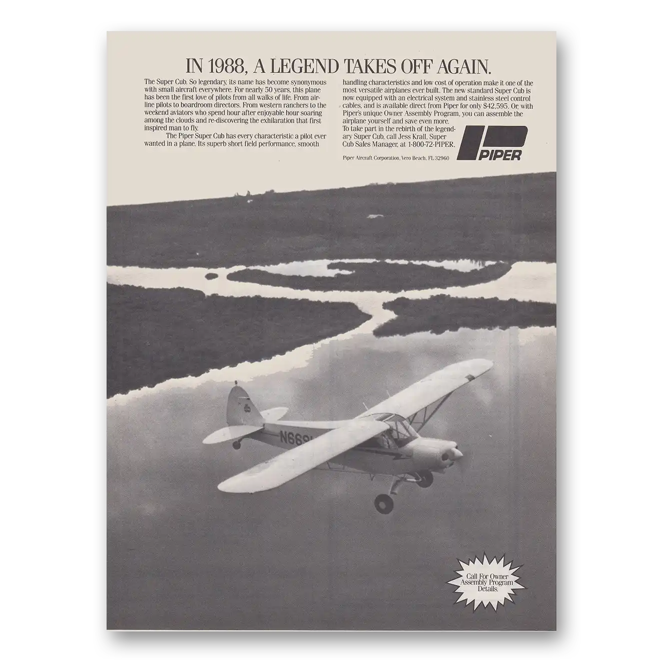 1988 Piper Aircraft Legend Takes Off Again Vintage Magazine Print Ad