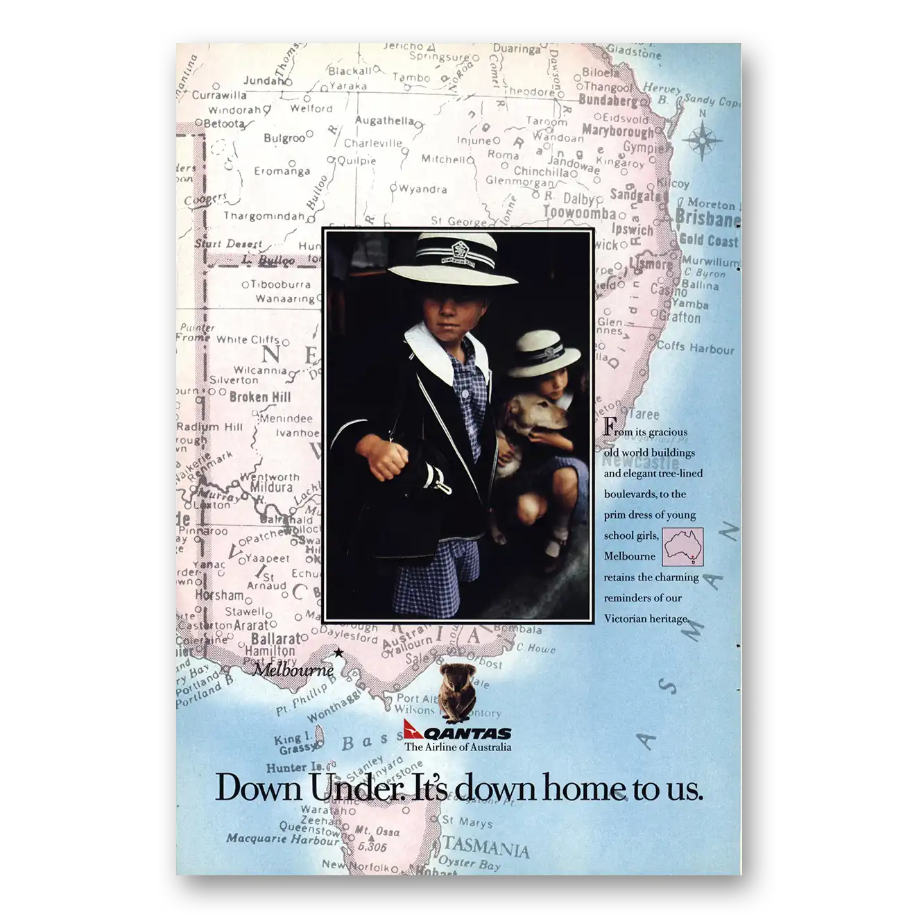 1988 Qantas Airlines Down Under Down Home to Us Vintage Magazine Print Ad