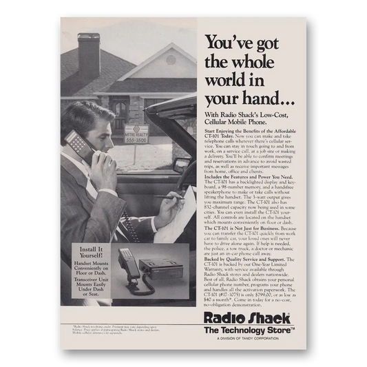 1988 Radio Shack Cellular Mobile Phone Got the Whole World In Your Hand Vintage Magazine Print Ad