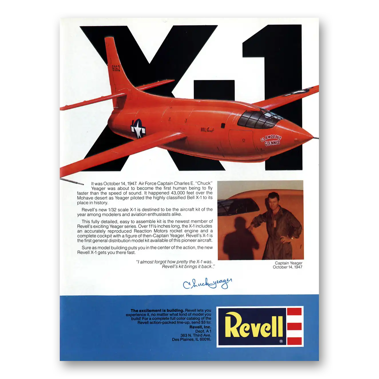 1988 Revell X1 Air Force Model Kit Captain Charles E Chuck Yeager Vintage Magazine Print Ad