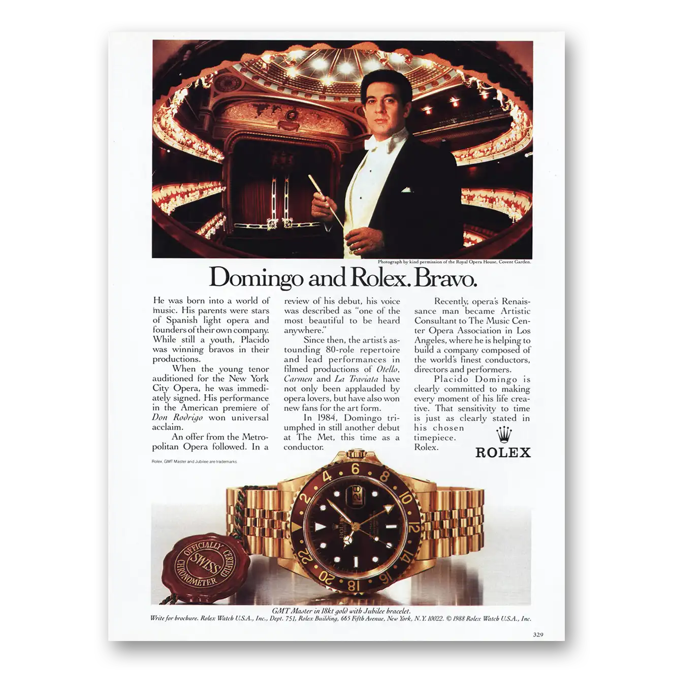 1988 Rolex Placido Domingo and Rolex Bravo Vintage Magazine Print Ad