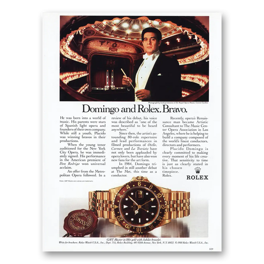 1988 Rolex Placido Domingo and Rolex Bravo Vintage Magazine Print Ad