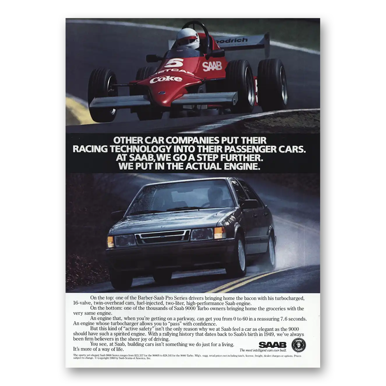 1988 Saab Racing Technology Into Their Passenger Cars Vintage Magazine Print Ad