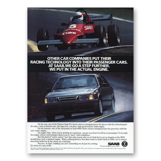 1988 Saab Racing Technology Into Their Passenger Cars Vintage Magazine Print Ad