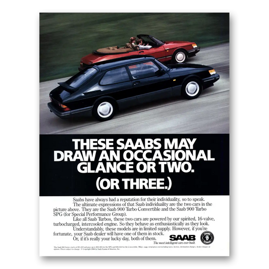 1988 Saab Draw an Occasional Glance or Two Vintage Magazine Print Ad