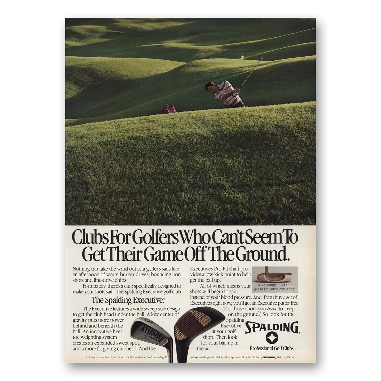 1988 Spalding Clubs for Golfers Get Game Off Ground Vintage Magazine Print Ad