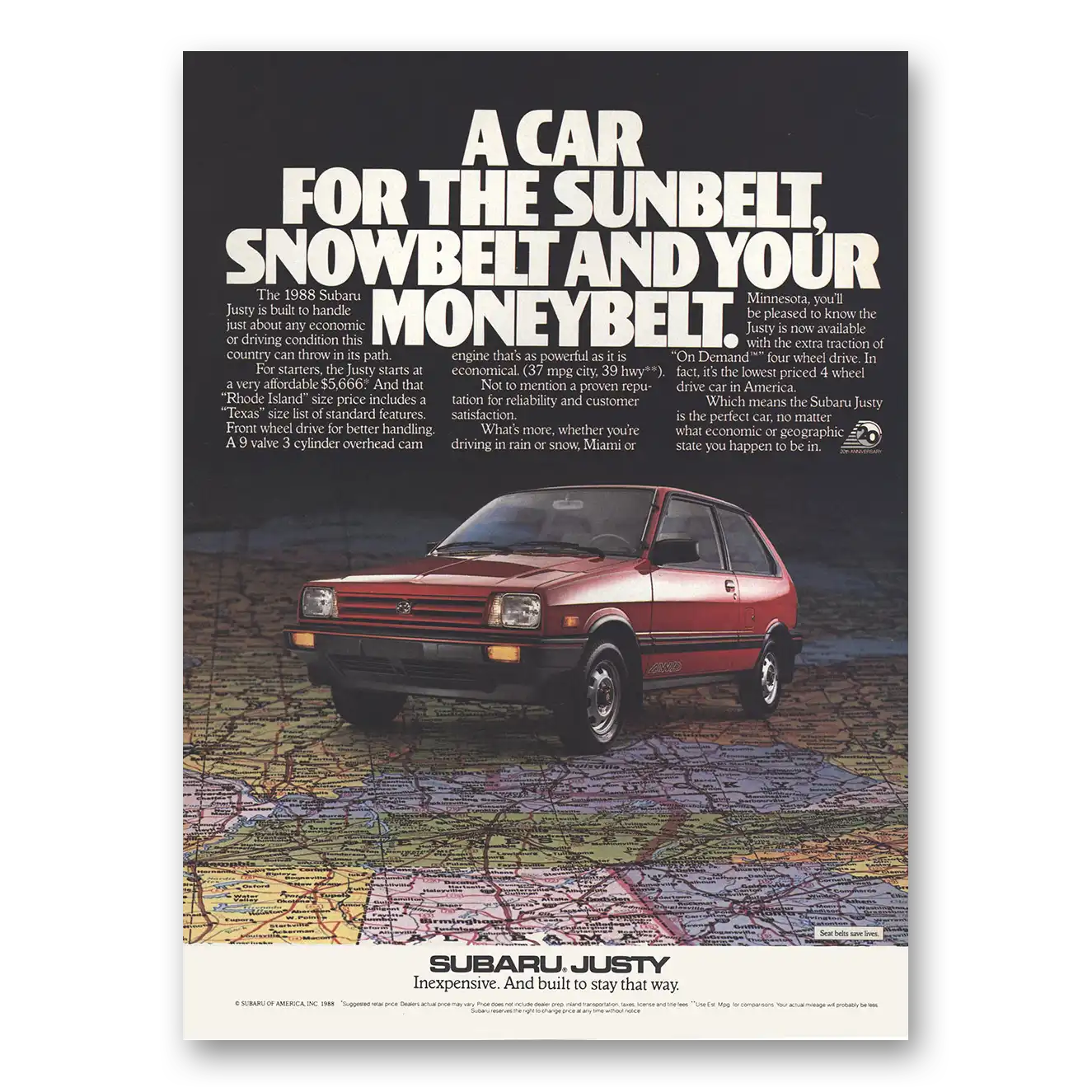 1988 Subaru Justy Sunbelt Snowbelt Moneybelt Vintage Magazine Print Ad