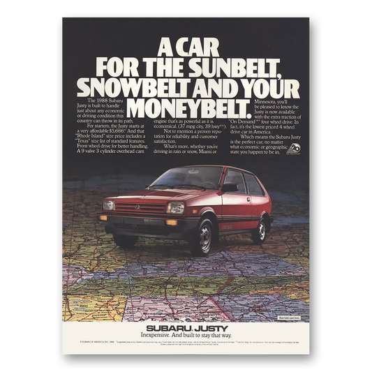 1988 Subaru Justy Sunbelt Snowbelt Moneybelt Vintage Magazine Print Ad