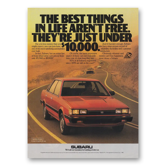 1988 Subaru Sedan Best Things In Life Aren't Free Vintage Magazine Print Ad