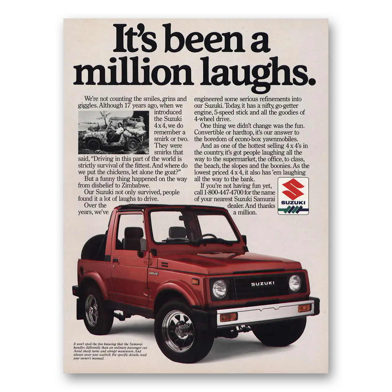 1988 Suzuki 4x4 Been a Million Laughs Vintage Magazine Print Ad