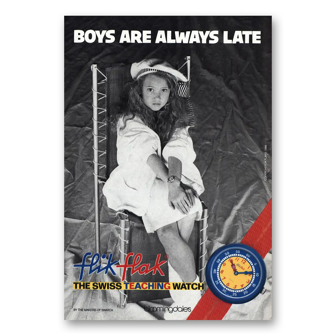 1988 Flik Flak Watch Boys Are Always Late Vintage Magazine Print Ad