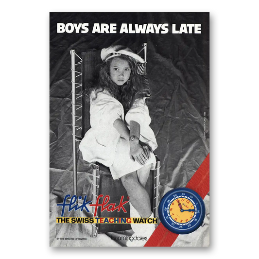 1988 Flik Flak Watch Boys Are Always Late Vintage Magazine Print Ad