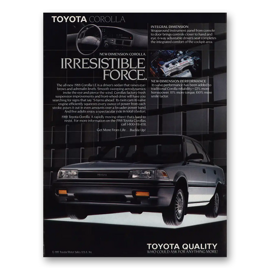 1988 Toyota Corolla Irresistible Force Vintage Magazine Print Ad