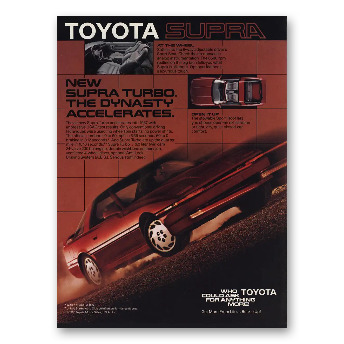 1988 Toyota Supra Turbo Dynasty Accelerates Vintage Magazine Print Ad