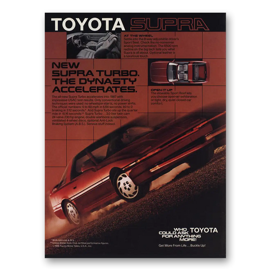 1988 Toyota Supra Turbo Dynasty Accelerates Vintage Magazine Print Ad