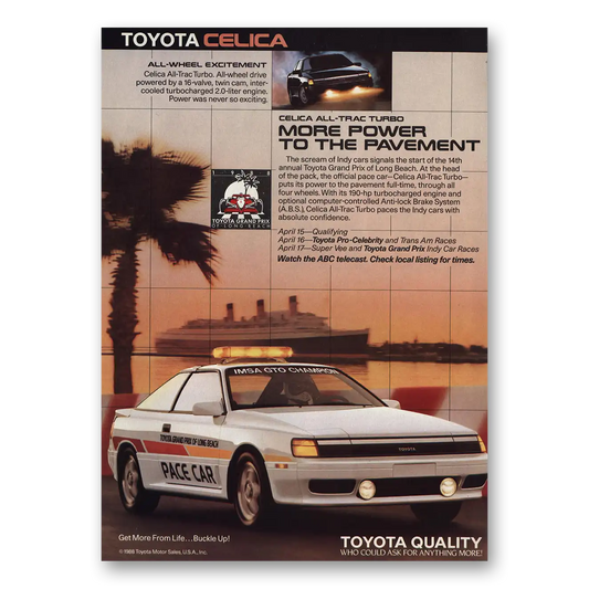 1988 Toyota Celica Power to the Pavement Pace Car Vintage Magazine Print Ad