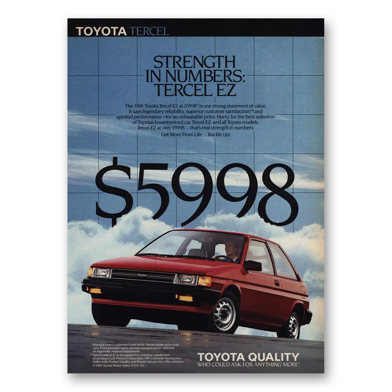 1988 Toyota Tercel Strength In Numbers Vintage Magazine Print Ad