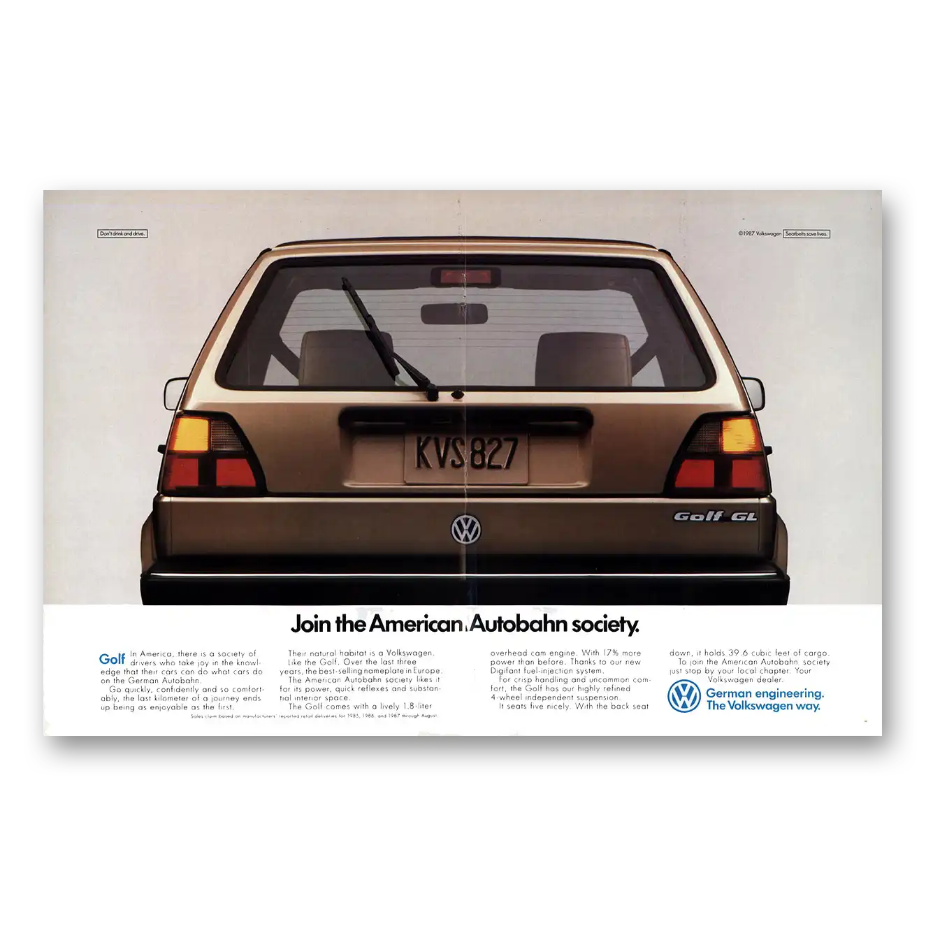 1988 Volkswagen Golf American Autobahn Society Vintage Magazine Print Ad