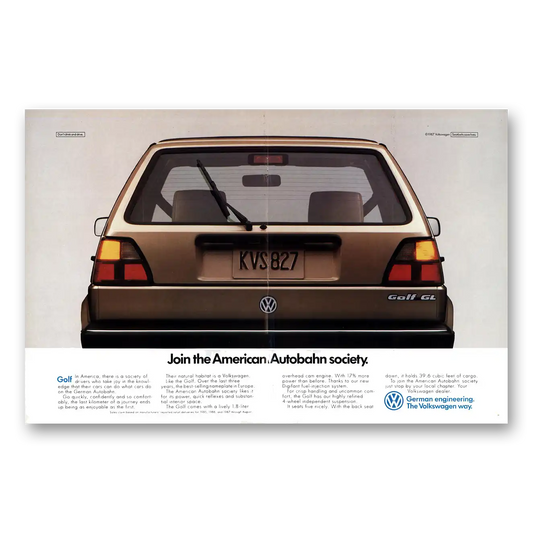 1988 Volkswagen Golf American Autobahn Society Vintage Magazine Print Ad