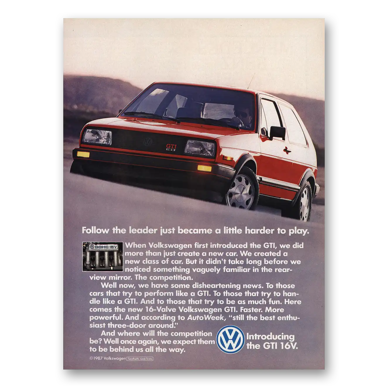 1988 Volkswagen GTI Follow the Leader Vintage Magazine Print Ad