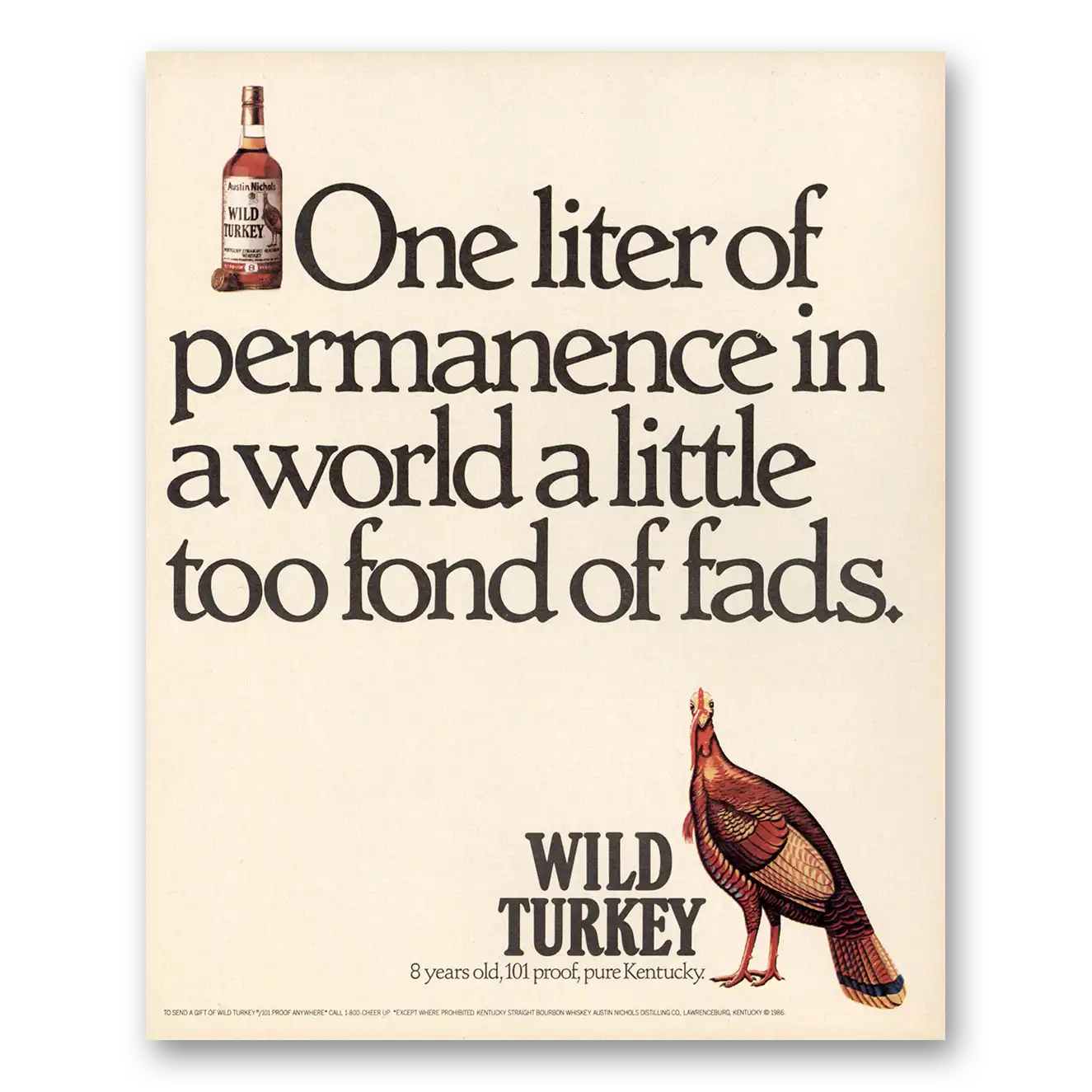 1988 Wild Turkey Bourbon Whiskey One Liter of Permanence Vintage Magazine Print Ad