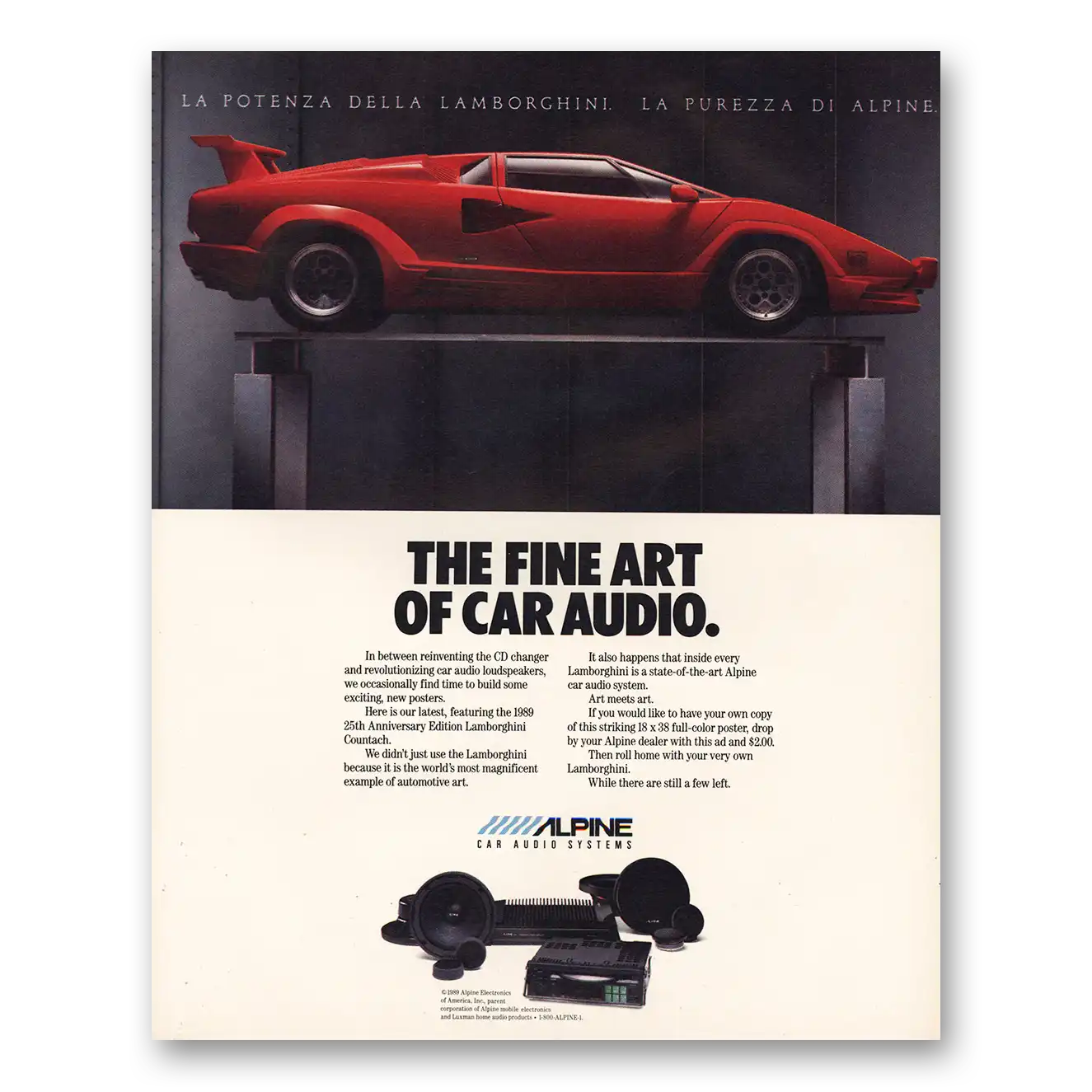 1989 Alpine Electronics Lamborghini Fine Art Car Audio Vintage Magazine Print Ad