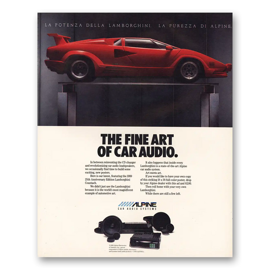 1989 Alpine Electronics Lamborghini Fine Art Car Audio Vintage Magazine Print Ad