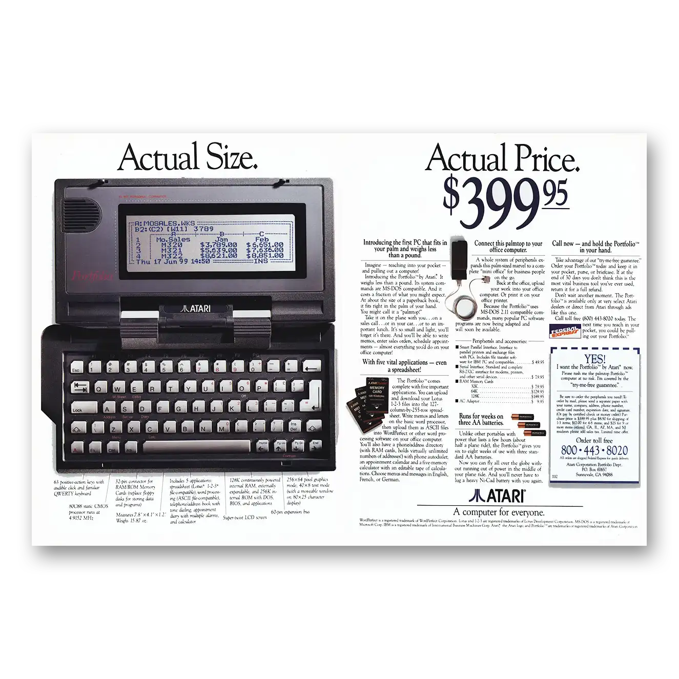 1989 Atari Portfolio Actual Size Actual Price Vintage Magazine Print Ad