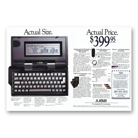 1989 Atari Portfolio Actual Size Actual Price Vintage Magazine Print Ad