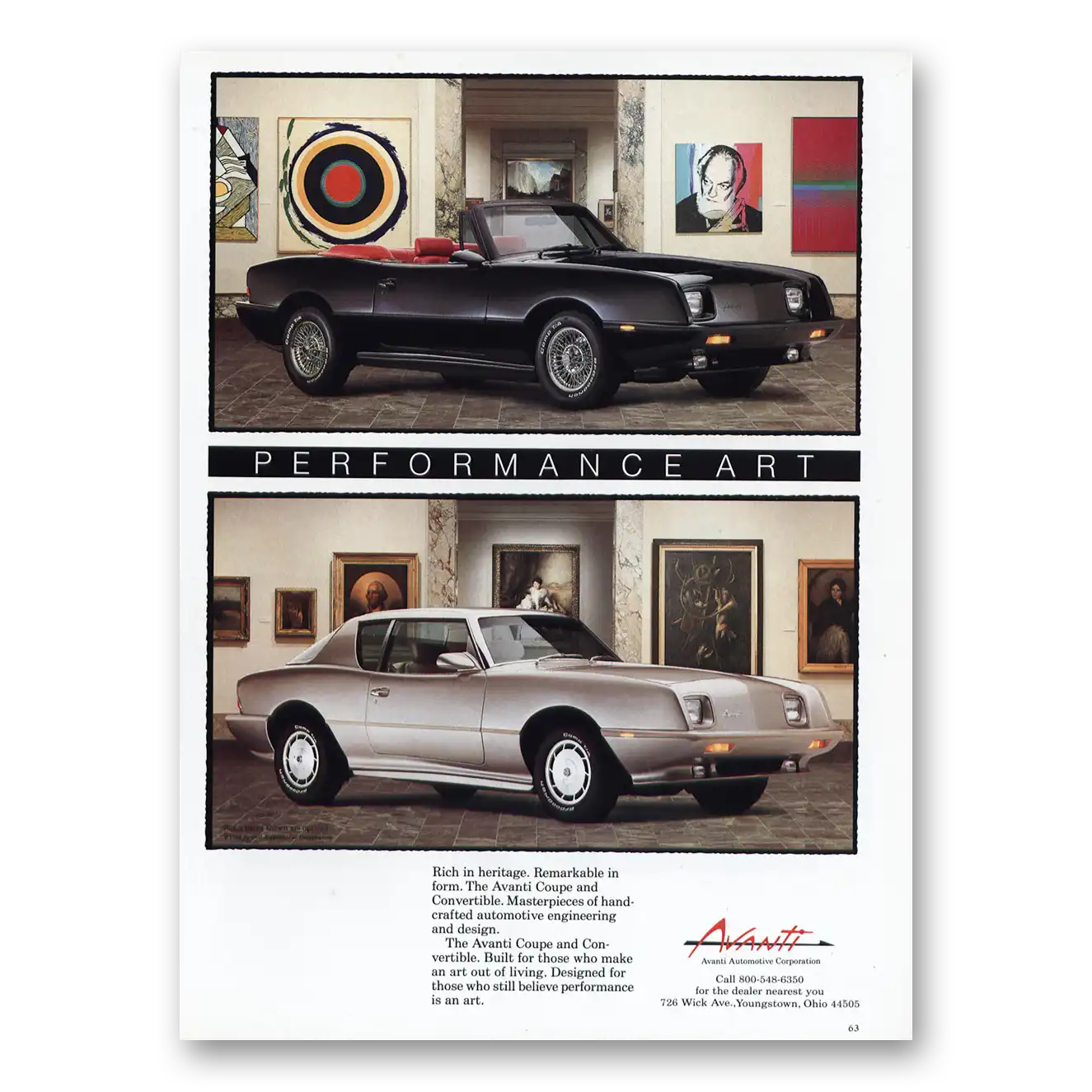 1989 Avanti Performance Art Vintage Magazine Print Ad